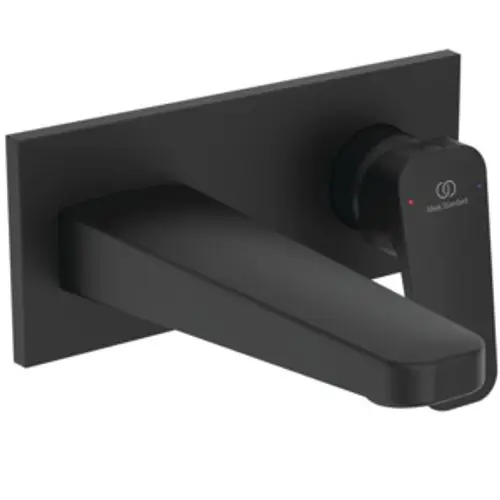 Wandarmatur in Schwarz von Ideal Standard, mit einem geraden Auslauf und einer seitlichen Steuerung für Wasserfluss und -temperatur. Design für moderne Badezimmer.